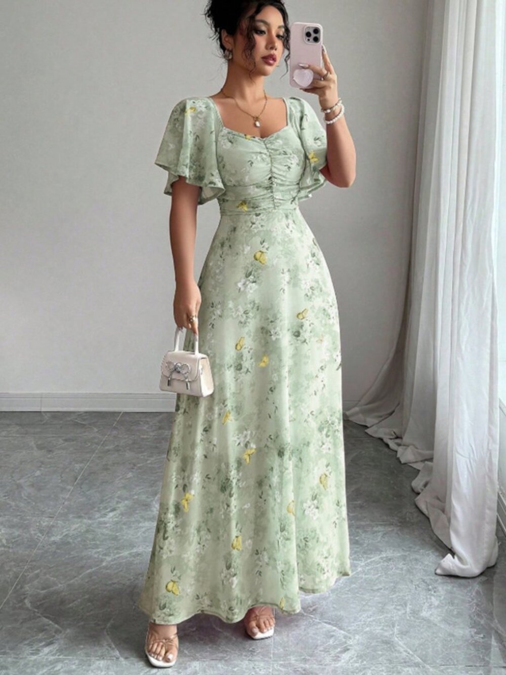 Women's Floral Print Lotus Sleeve Dress